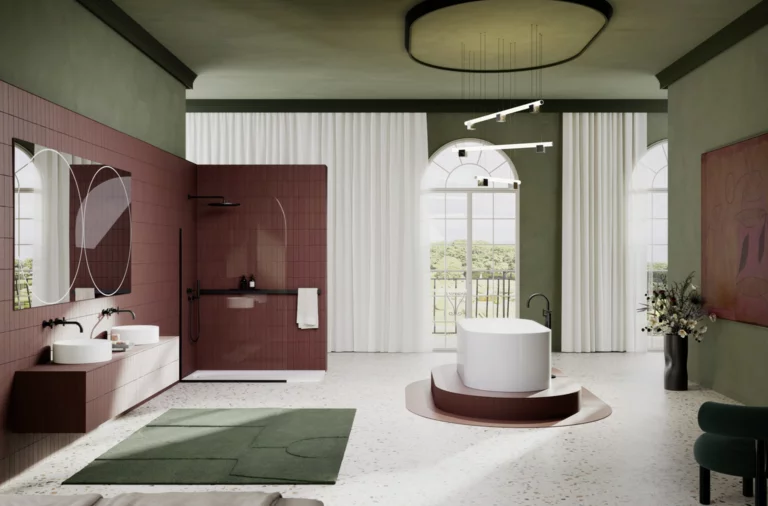 Grande salle de bains avec baignoire ronde, carrelage bordeaux, plafond vert et sol en terrazzo.